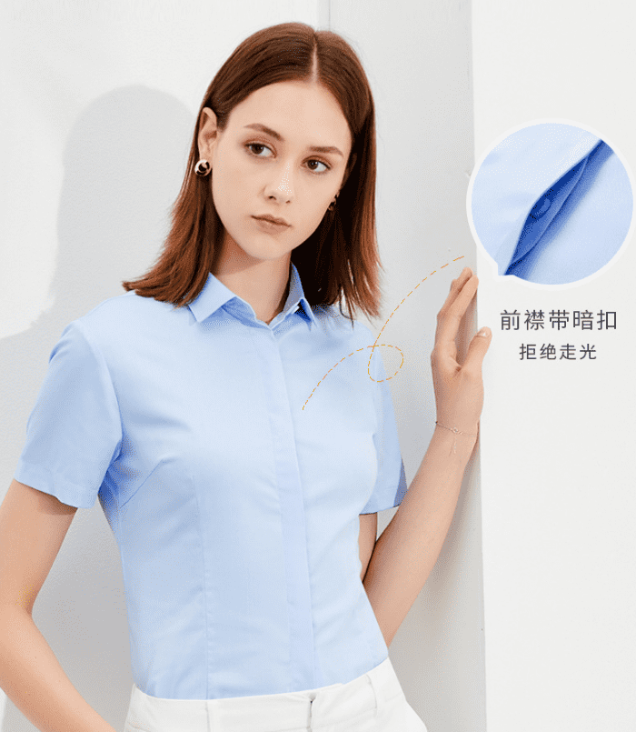 DF61101 经典竹纤维蓝色方领短袖衬衫女
